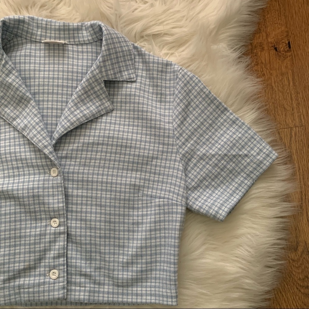 J. GALT blue white plaid short sleeve front buttons collared top shirt NO SIZE